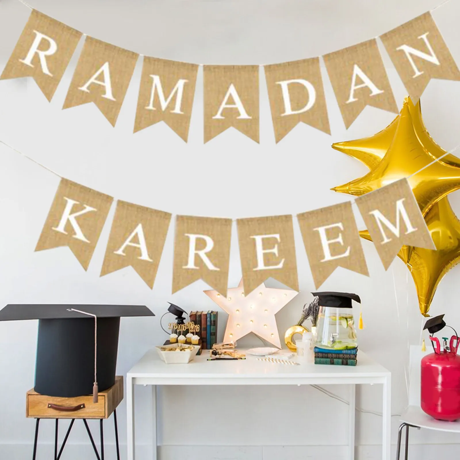 Ramadan Bunting Pull Flag in Burlap Material Eid Mubarak Party Decoration Supplies for Mantle Fireplace Windows Doors