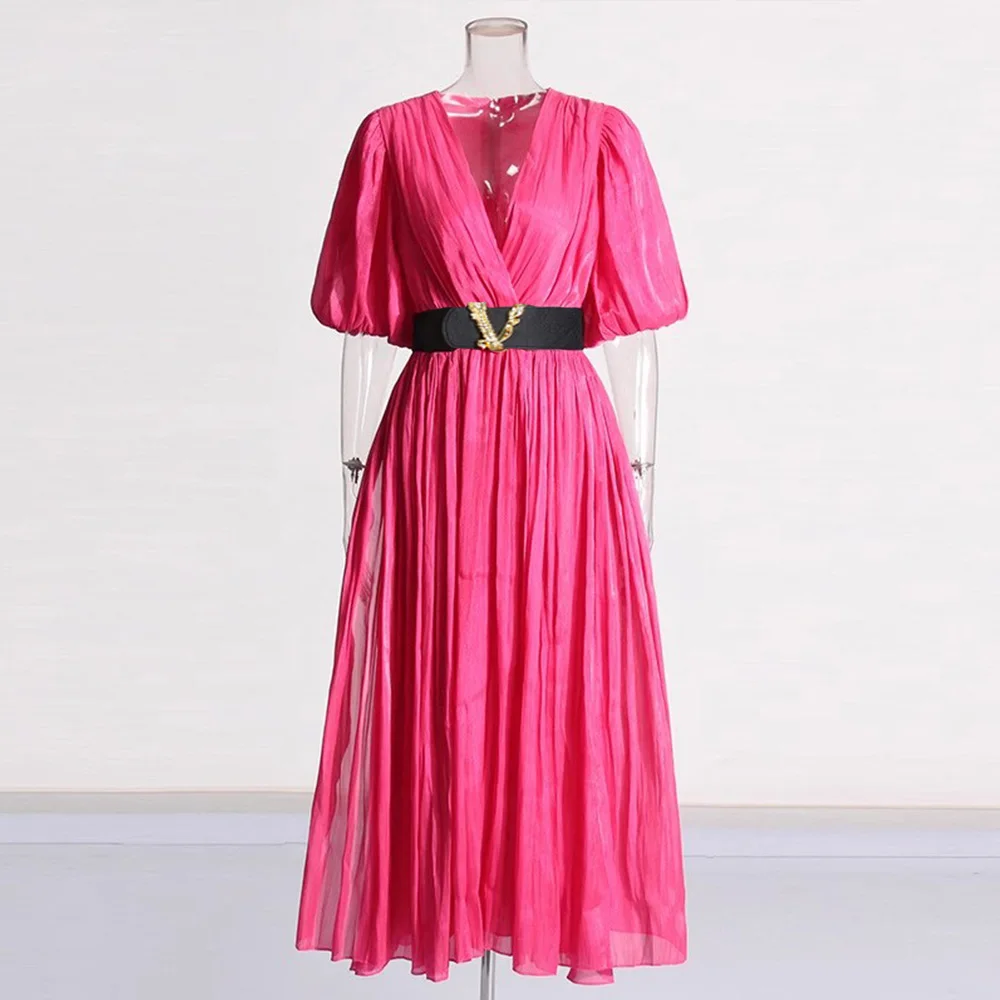 French Luxury Folds Wedding Formal Occasion Dress Women\'s V-Neck Puff Sleeve Belt High Split Pleated Shine Robe Clothes Holiday