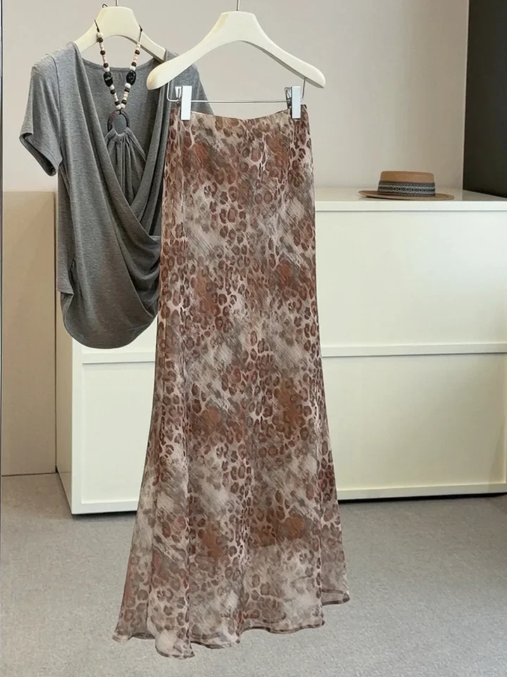 New Women's Elegant Leopard Print Long Skirts 2026 Spring Summer A-line High Waist Slimming Bodycon Skirt