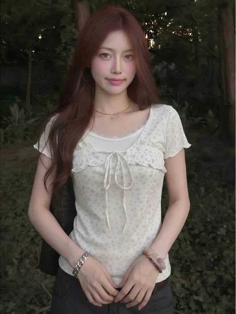 Kimutomo Women French Style Floral Tie Fake Two Piece Lace Short Sleeve T Shirt Slim Fit Age Reducing Versatile Summer Top