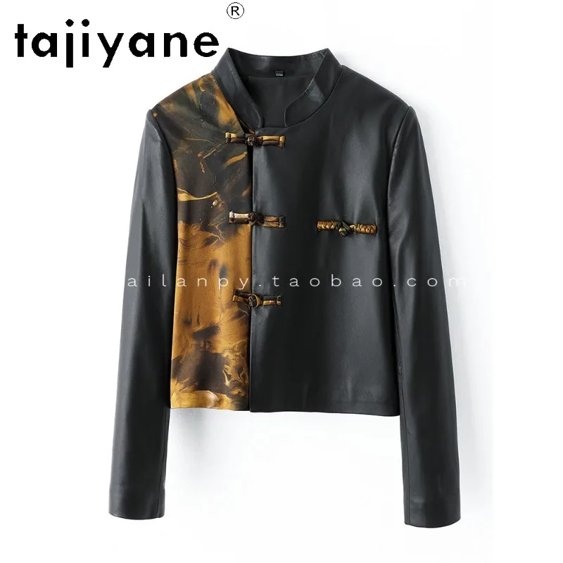 TAJIYANE Top Layer Sheepskin Spliced Mulberry Silk Coat Genuine Leather Jacket Women Outerwear Frog‑Button Jackets Short Косуха