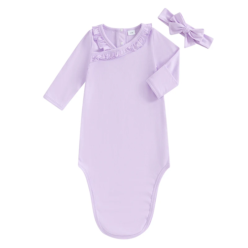 

Baby Girl Newborn Gowns Long Sleeve Ruffle Trim Baby Sleep Bag Baby Wearable Blanket with Headband