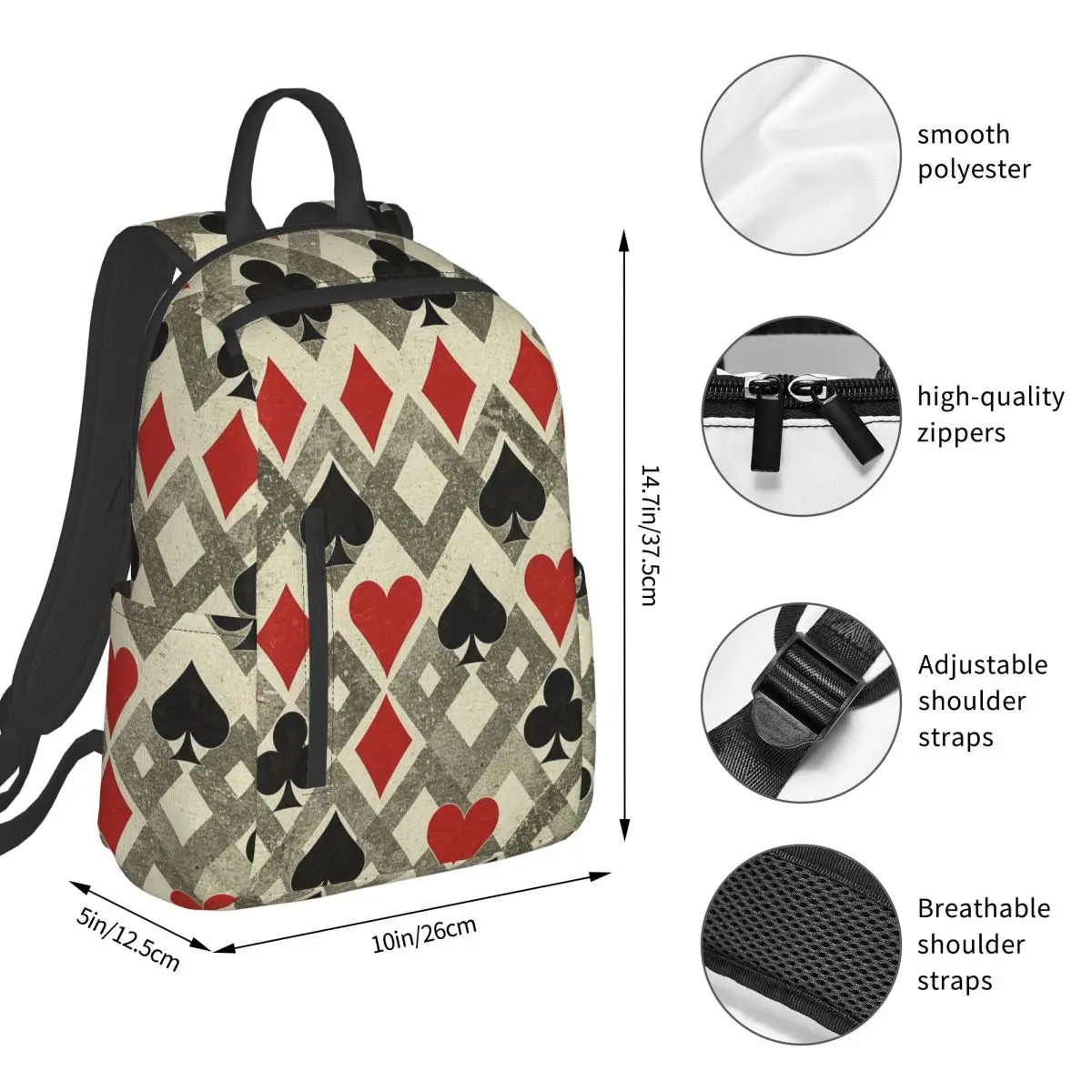 Playing Cards Symbols Pattern Backpack Student BookBag Kids School Bag Computer Shoulder Bags Men Women