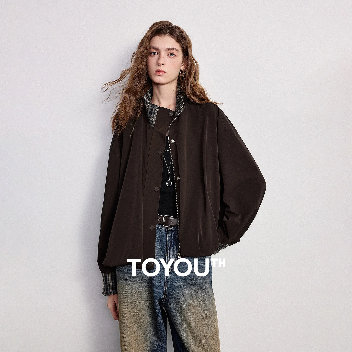TOYOUTH Women Coat 2026 Spring New Splicing Plaid Loose Cocoon Retro Silhouette Top