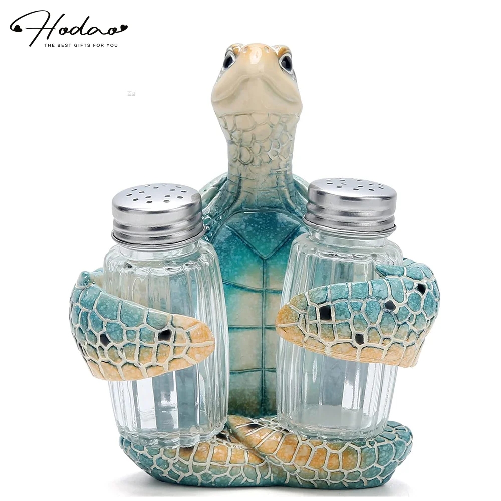 Hodao Resin Sea Turtle Salt and Pepper Shaker Holder Figurine, Coastal Kitchen Countertop Decor with Glass Shaker Bottles & Metal Lids, Nautical Beach House Dining Table Centerpiece, Ocean Theme Collectible Figure Decoration, Unique Housewarming Gift