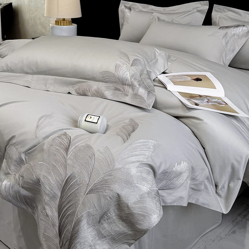 100% Egyptian Cotton Hotel Quality Bedding Set Luxury Silver Feather Embroidery Duvet Cover, Flat/Fitted Sheet Pillowcases 4Pcs