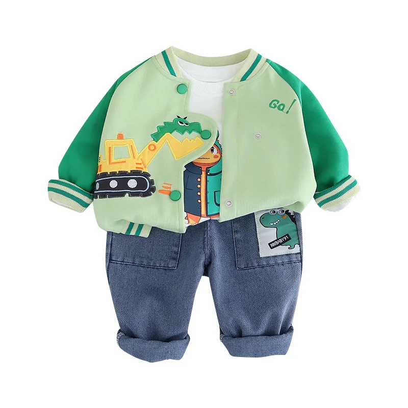 Spring Autumn Toddler Boys 3PCS Clothes Set Cartoon Printed Tops Dinosaurs Car Coat Stretch Jeans Suit Kids Boys Outfits