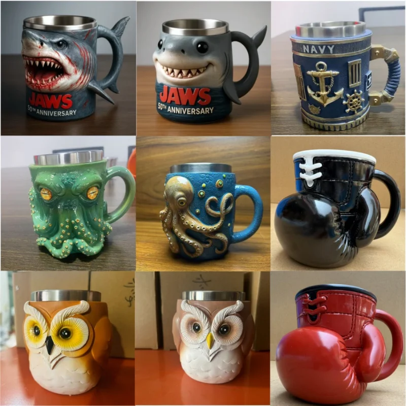 Jaws 50th Anniversary Stainless Steel Liner Resin Water Cups 3D Shark Owl Octopus Boxing Gloves Mug Movie Peripherals Toy Gift