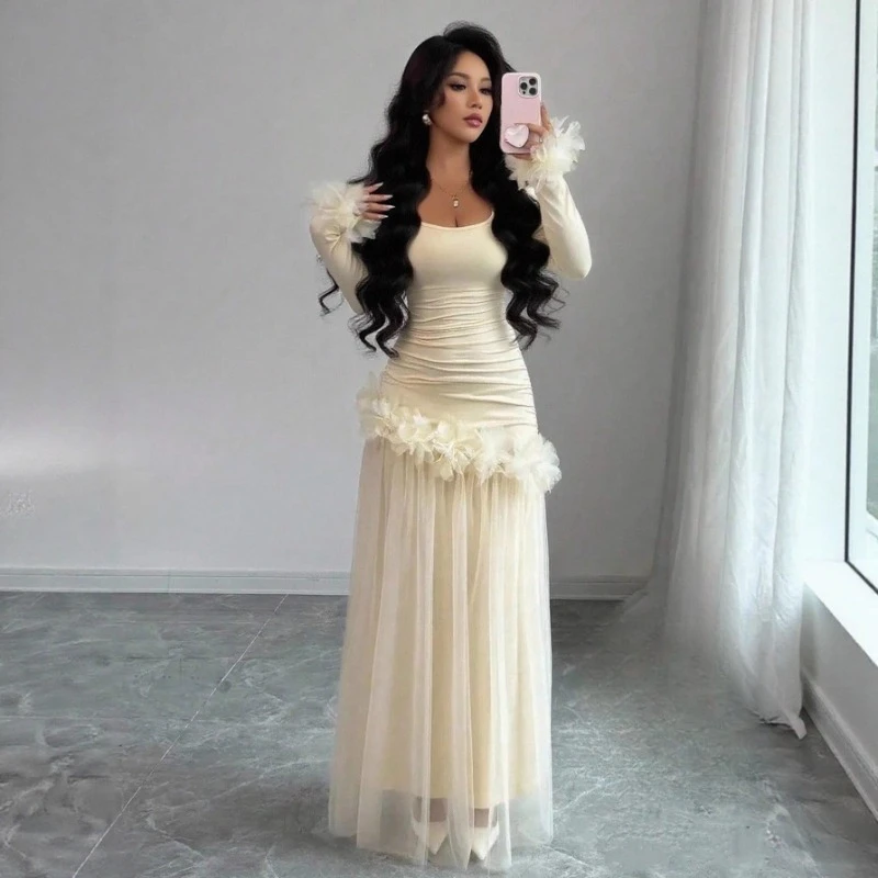 

2026 New Cream Apricot Slimming Three Dimensional Flower Decoration Mesh Splicing Banquet Dress