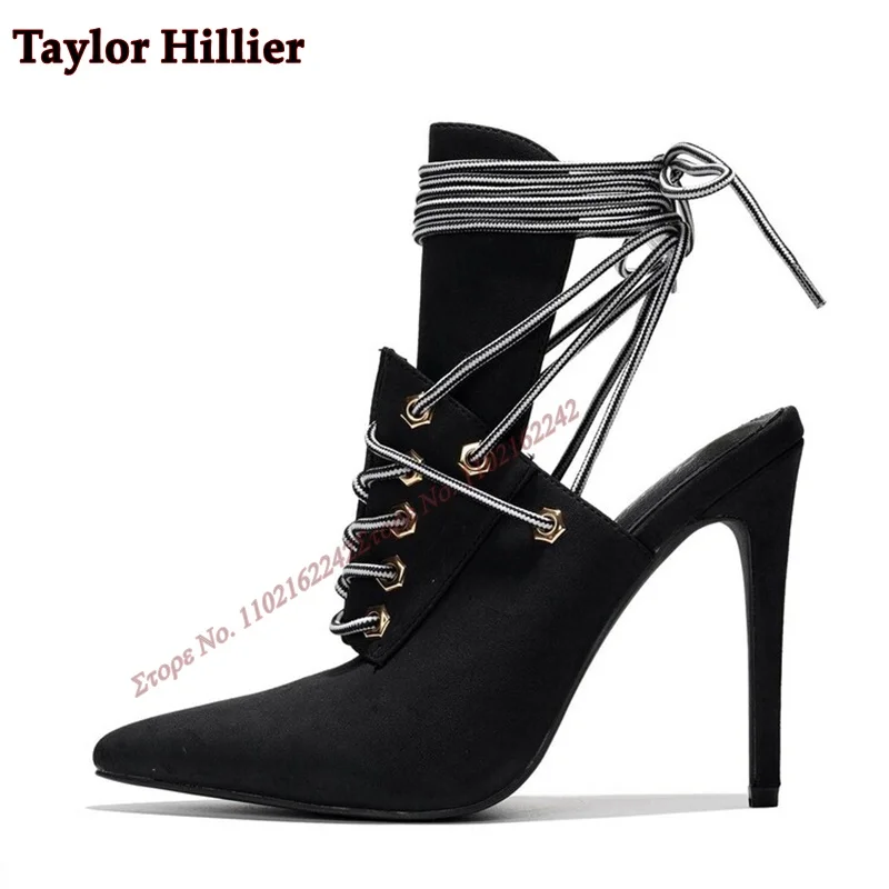 

New Blue Denim Lace-Up Short Boots For Women Pointed Toe Stiletto Ankle Wrap Nude Boots Fashion Party Banquet High Heel Boots 43