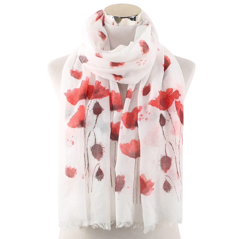 2024 Fashion Red Poppy Floral Scarf Women Hijab White Pink Floral Print Scarves Shawl Foulard Stoles Ladies