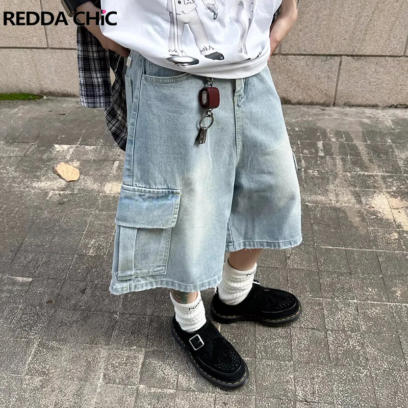 

ReddaChic Men Frayed Wide Leg Denim Shorts Korean Summer Washed Low Waist Cargo Pockets Plain Casual Baggy Jorts Vintage Clothes