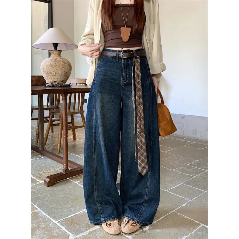 SuperAen American Vintage Blue High-waist Wide-leg Jeans for Women Autumn Loose Drape Floor-length Pants