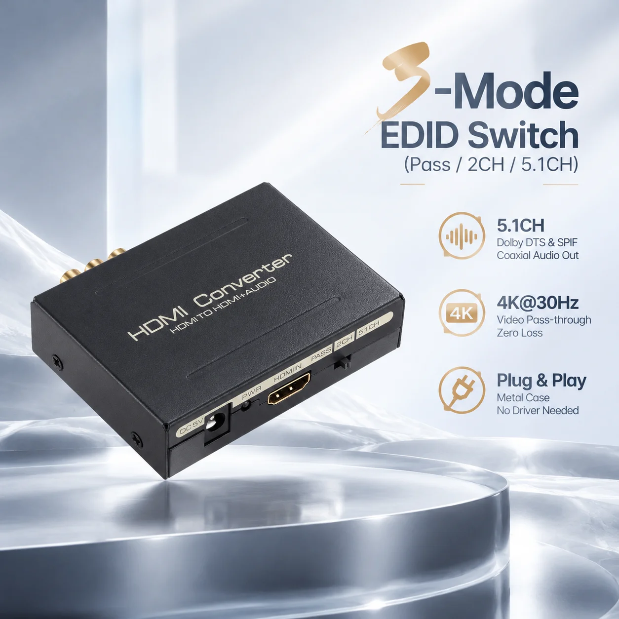 1 In 2 Out HDMI Audio Extractor Converter 4K 30Hz Supports 5.1CH DTS Dolby Digital SPDIF Coaxial 3Modes EDID Switcher for PS4 TV