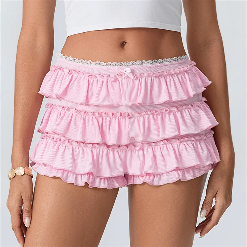 

Womens Hot Sweet Mini Skirts Shorts Ruffle Layered Lace Trim Bloomer Shorts Y2k Rib Frilly Coquette Street Fairy Sweet Pettipant