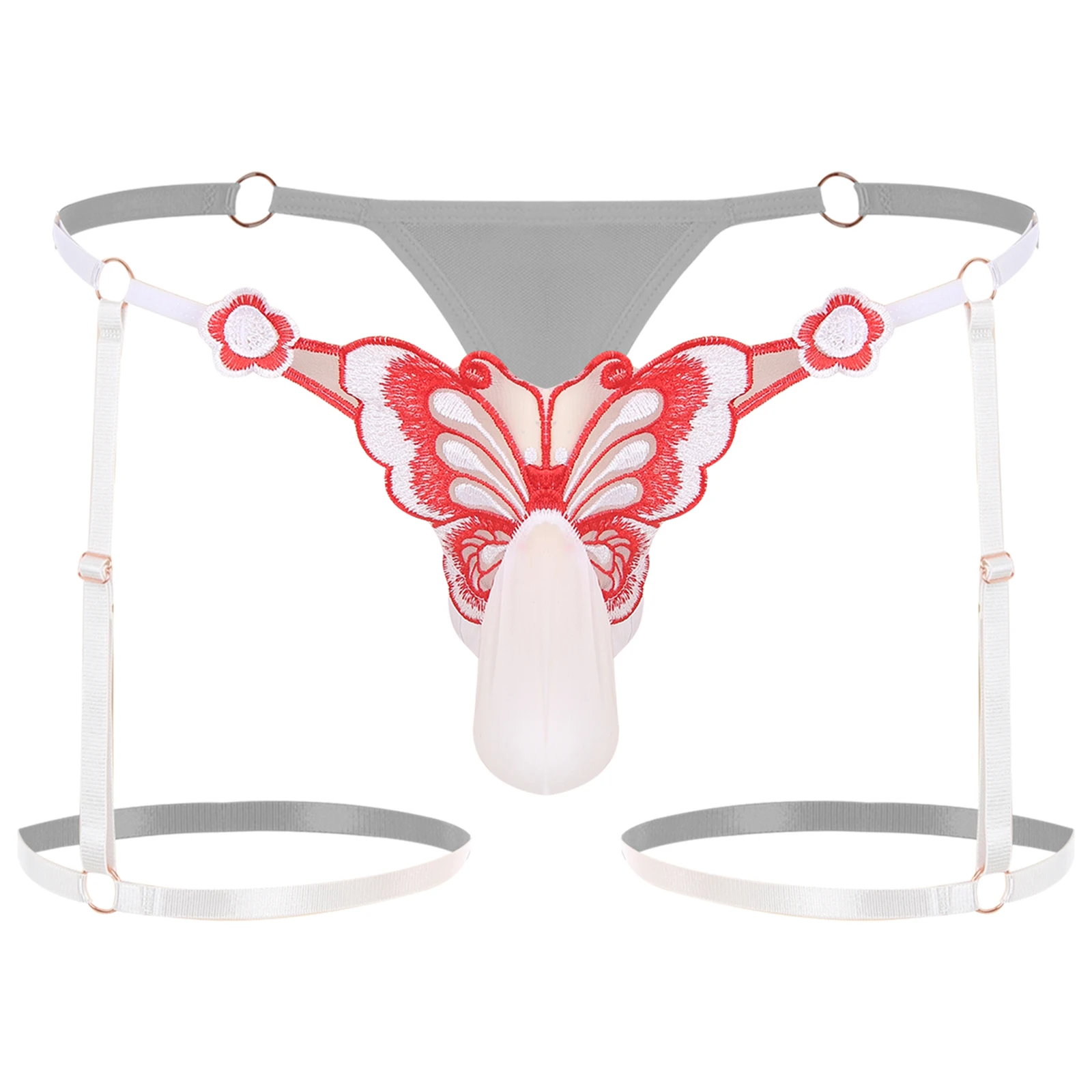 

Breathable Comfortable Underwear Gays Men Stretchy Butterfly Embroidered Leg Hoop T-back Thongs with Metal Buckles Sexy Panties