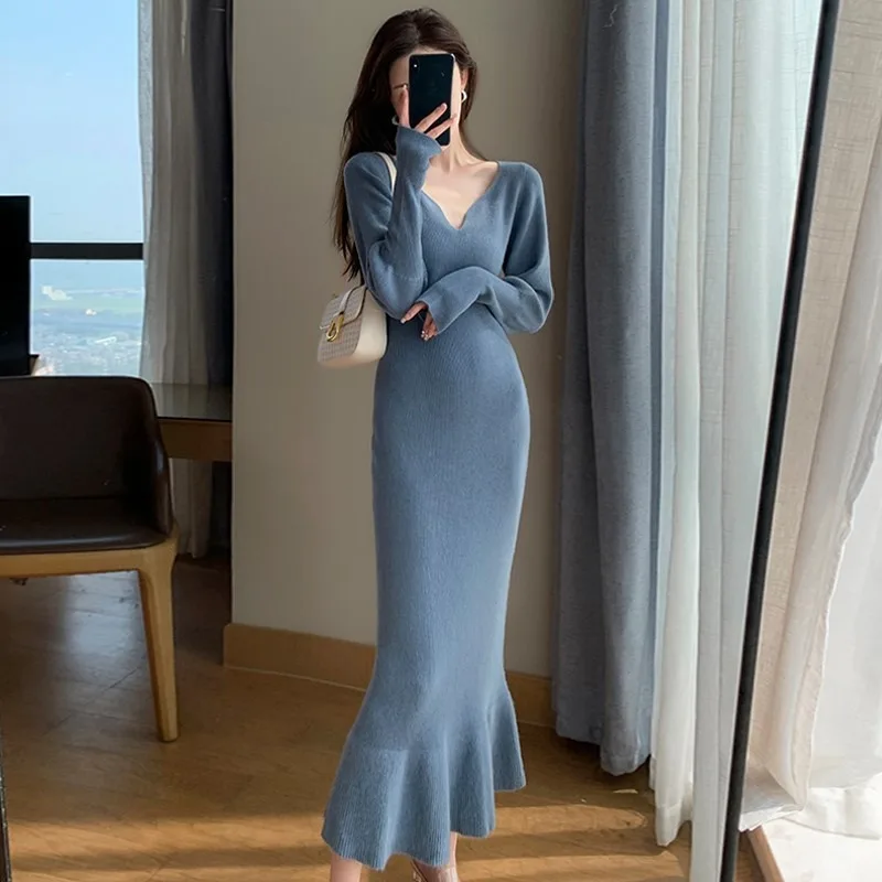 

Ruffles Knitted Sweater Dress Trumpet Elegant Vintage Sweet A-Line Mermaid V Neck Long Sleeve Women Autumn Winter Solid Commute