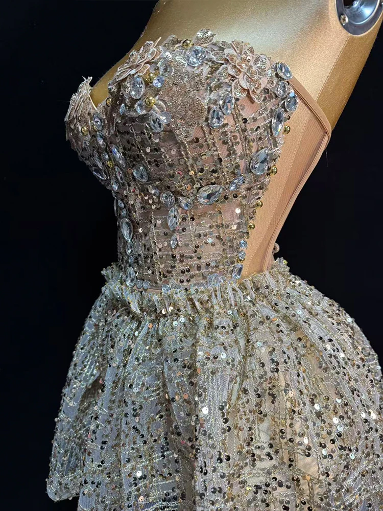 design Sequines crystal costume for women sliver Party Prom strapless mini skirt 2 pcs sets dance birthday nightclub performance