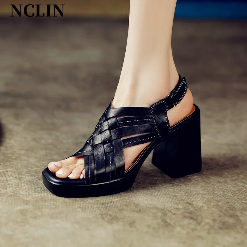 New Genuine Leather Women Sandals Chunky Heel Buckle Strap Platform Sandals Pumps For Women Summer Casual GLADIATOR Women Shoes