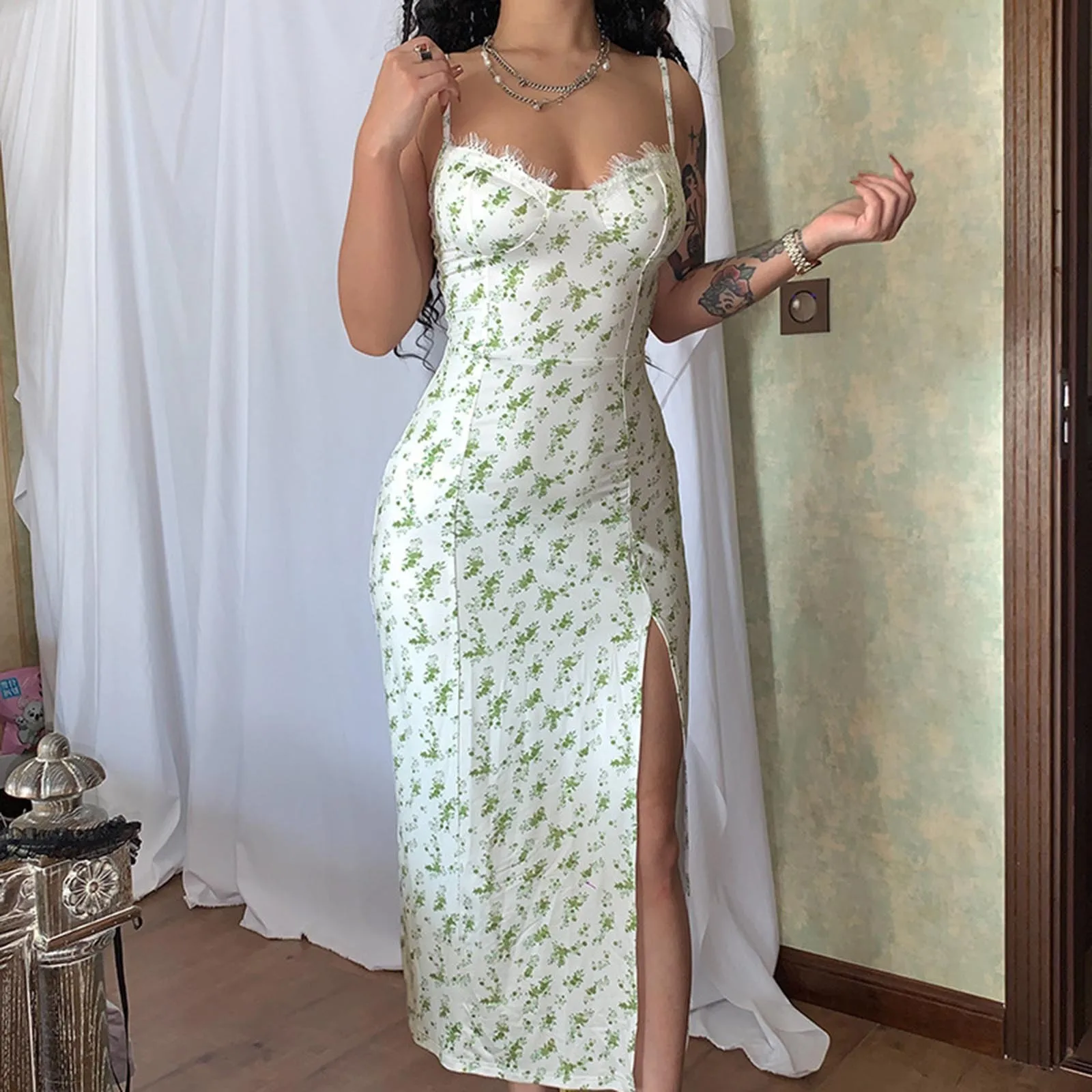 

Women Floral Print Split Camisole Bodycon Vintage Sleeveless Spaghetti Strap Midi Dress Elegant Low Cut Y2K Sling Party Dresses