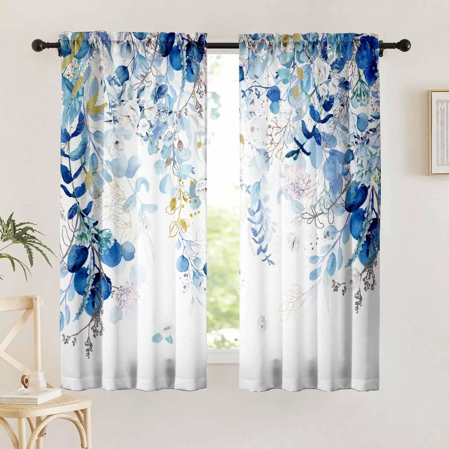 Blue Eucalyptus Leaves Curtains 2 Panels Dual Rod Pocket Light Filtering Drapes for Living Dining Bedroom Bathroom
