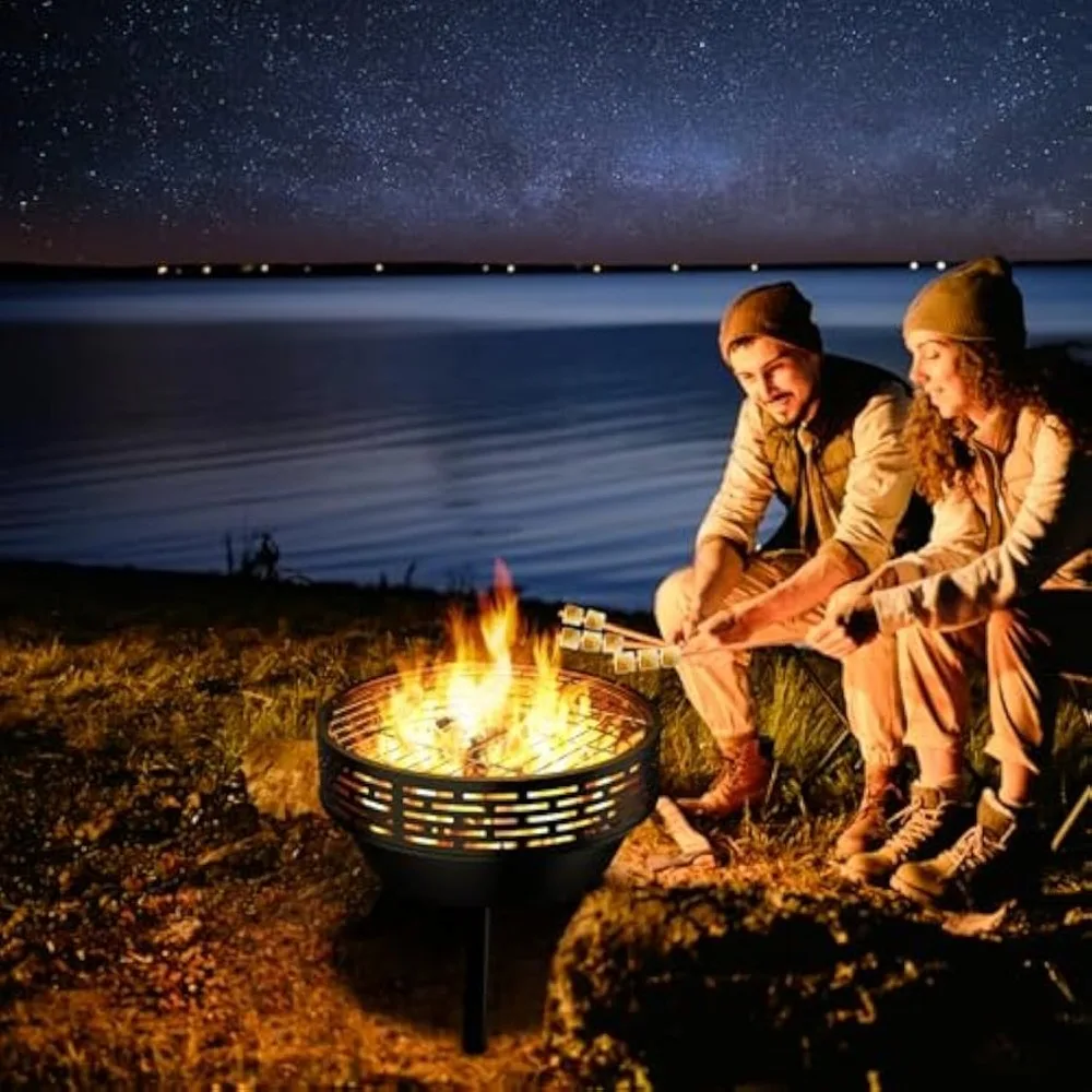 Braço de fogo externo resistente com grelha e tampa, tigela de aço de 23 polegadas para churrasco no quintal e uso no pátio