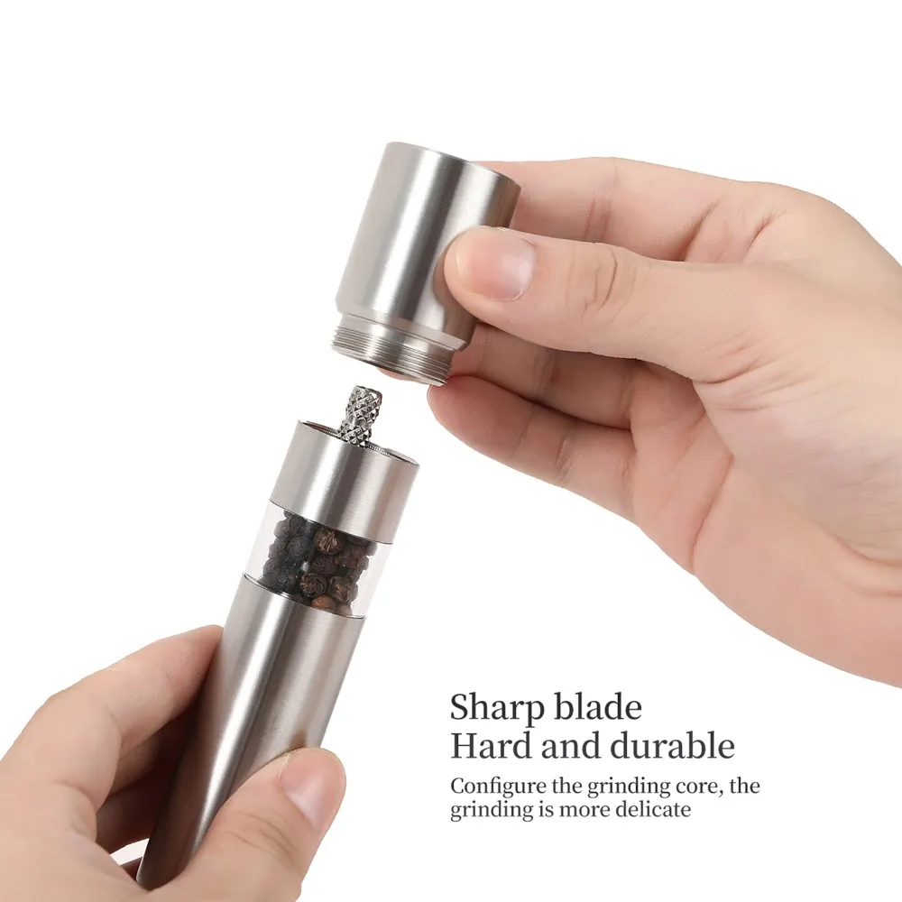 Stainless Steel Salt and Pepper Grinder Set Acrylic Base Silver Manual Pepper Grinder Convenient Portable Thumb Grinder Mill