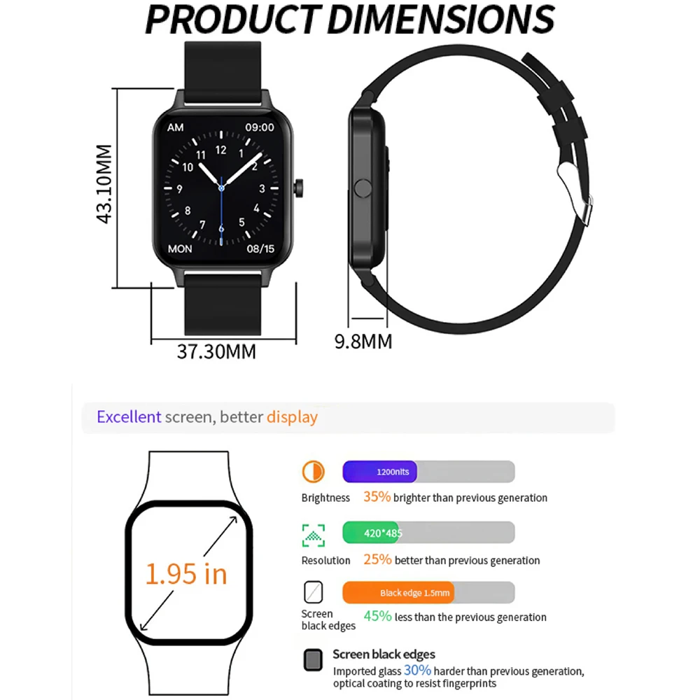 Smart Watch Blue Tooth Call 1.95” HD Full Touch Screen Weather Information Reminder Sports 128M Local music Bracelet Smartwatch