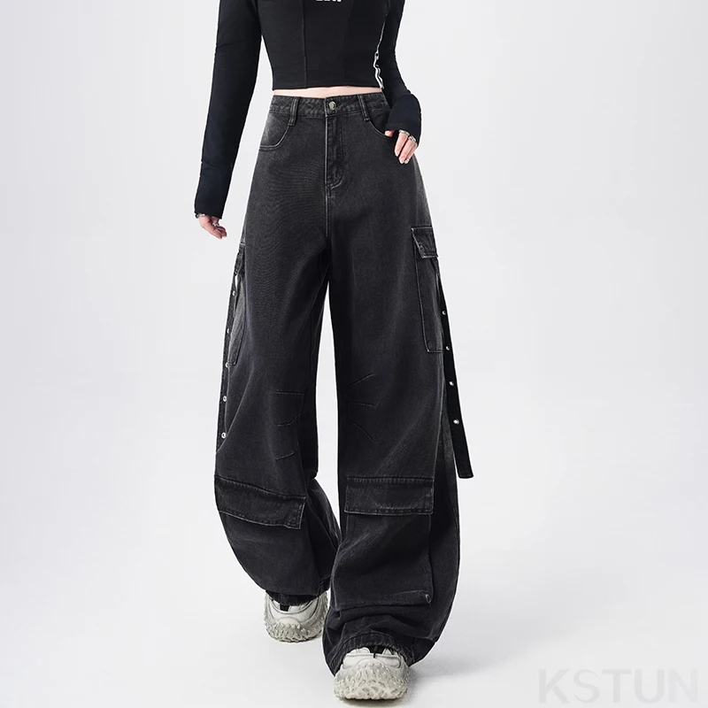 KSTUN 2026 Streetwear Tasche multiple Pantaloni jeans cargo larghi per le donne Jeans a gamba larga Abbigliamento vintage Pantaloni in denim larghi