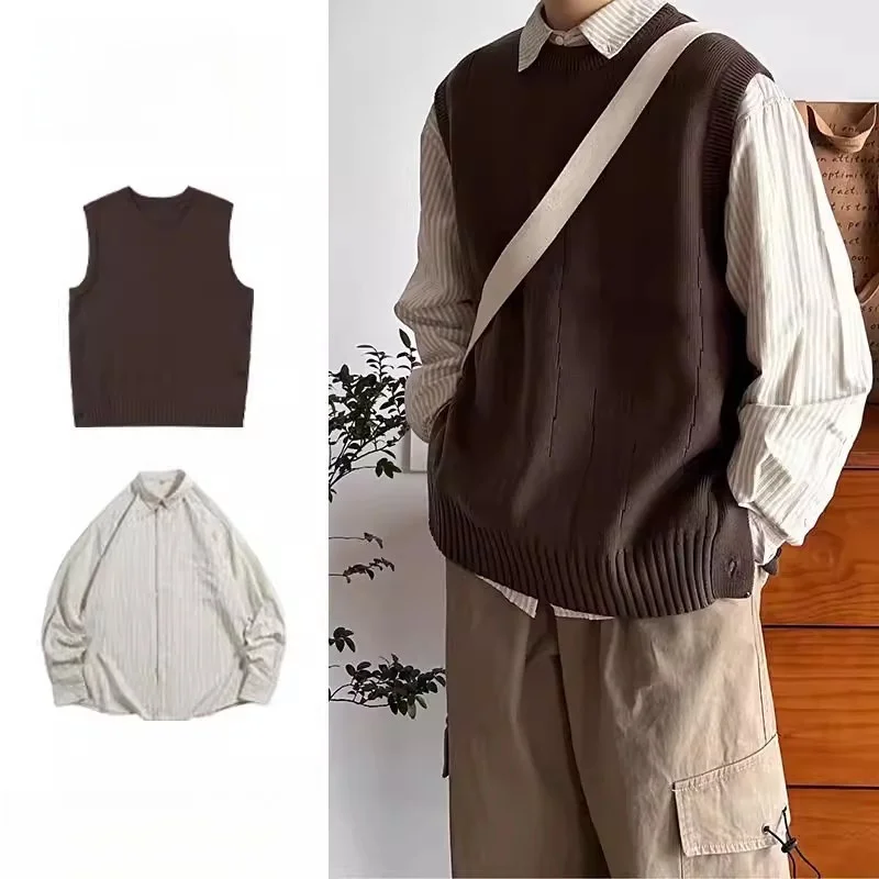 

Простой круглый свитер Ne, жилет, комплект для пары, осенний винтажный комплект из двух предметов из полиэфирного волокна, длинные брюки све, ансамбль