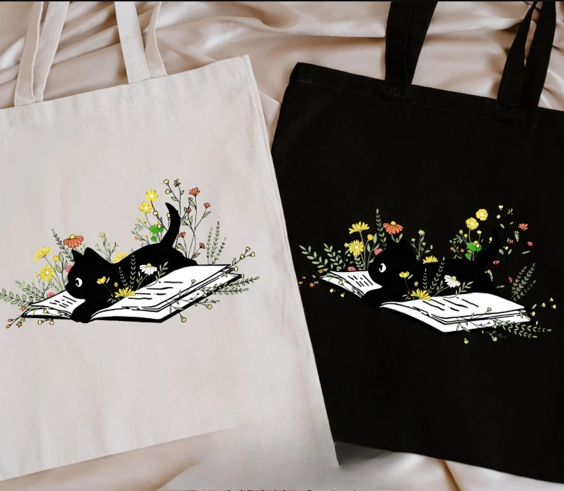 

Cute Cat and Book Floral Canvas Bag Tote Bag Versatile Minimalist Shoulder Bag for Men Women Casual Reusable Shopping Handbag
