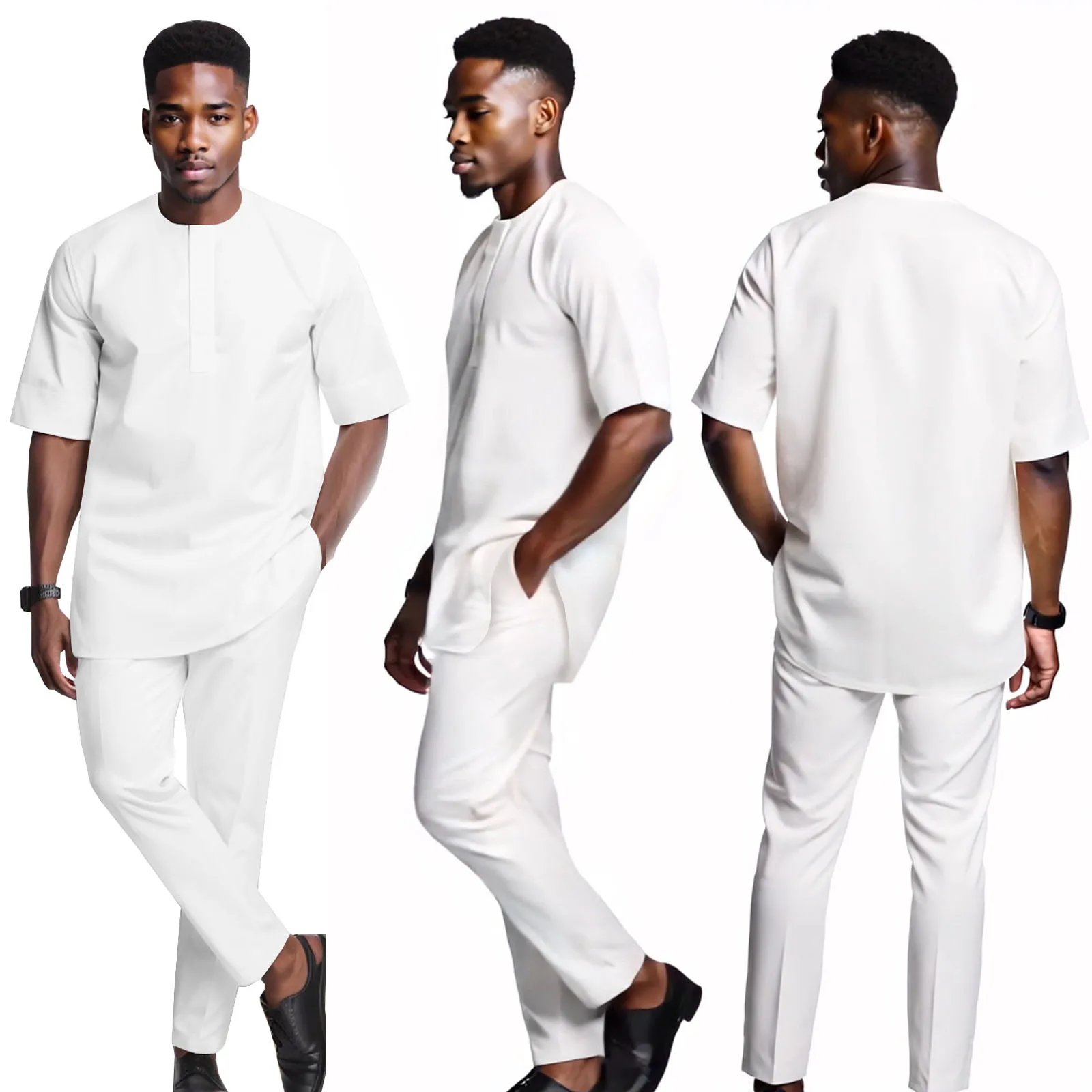 

DBQ African Clothes for Men Soild Color Short Sleeve Shirts Jacket Pants Set Plus Size Casual Outwear Traditional BD172