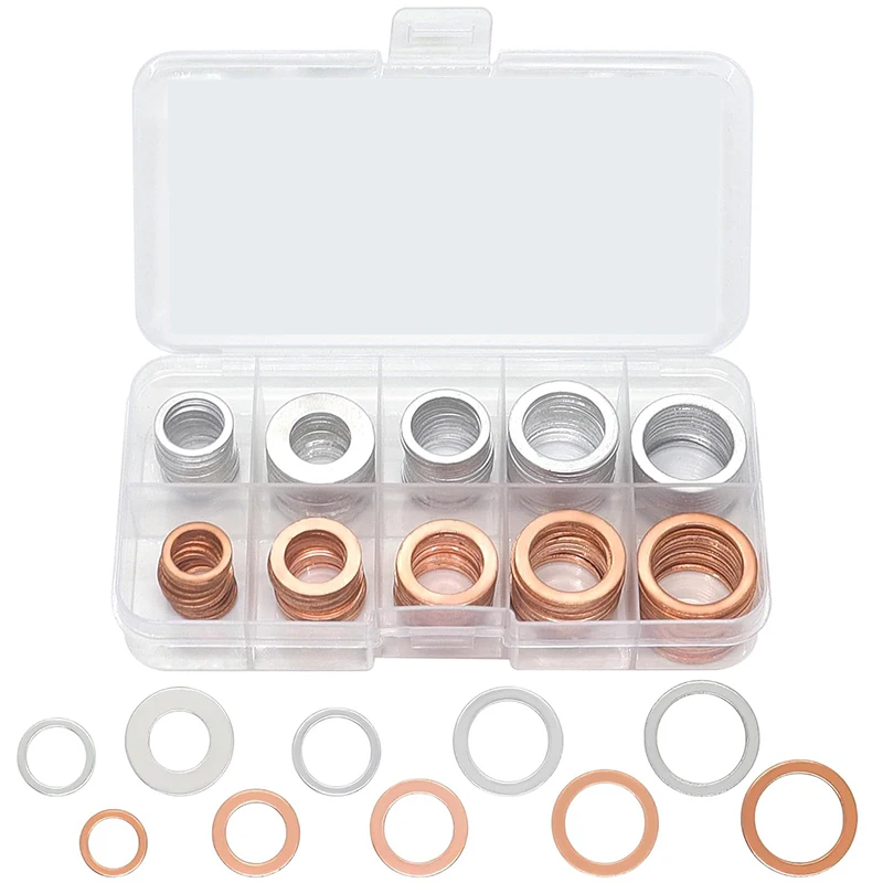 102PCS Copper & Aluminum Crush Washer Assortment, Oil Drain Plug Gasket Seals, 10/12/14/16/18mm Flat Sealing Washers