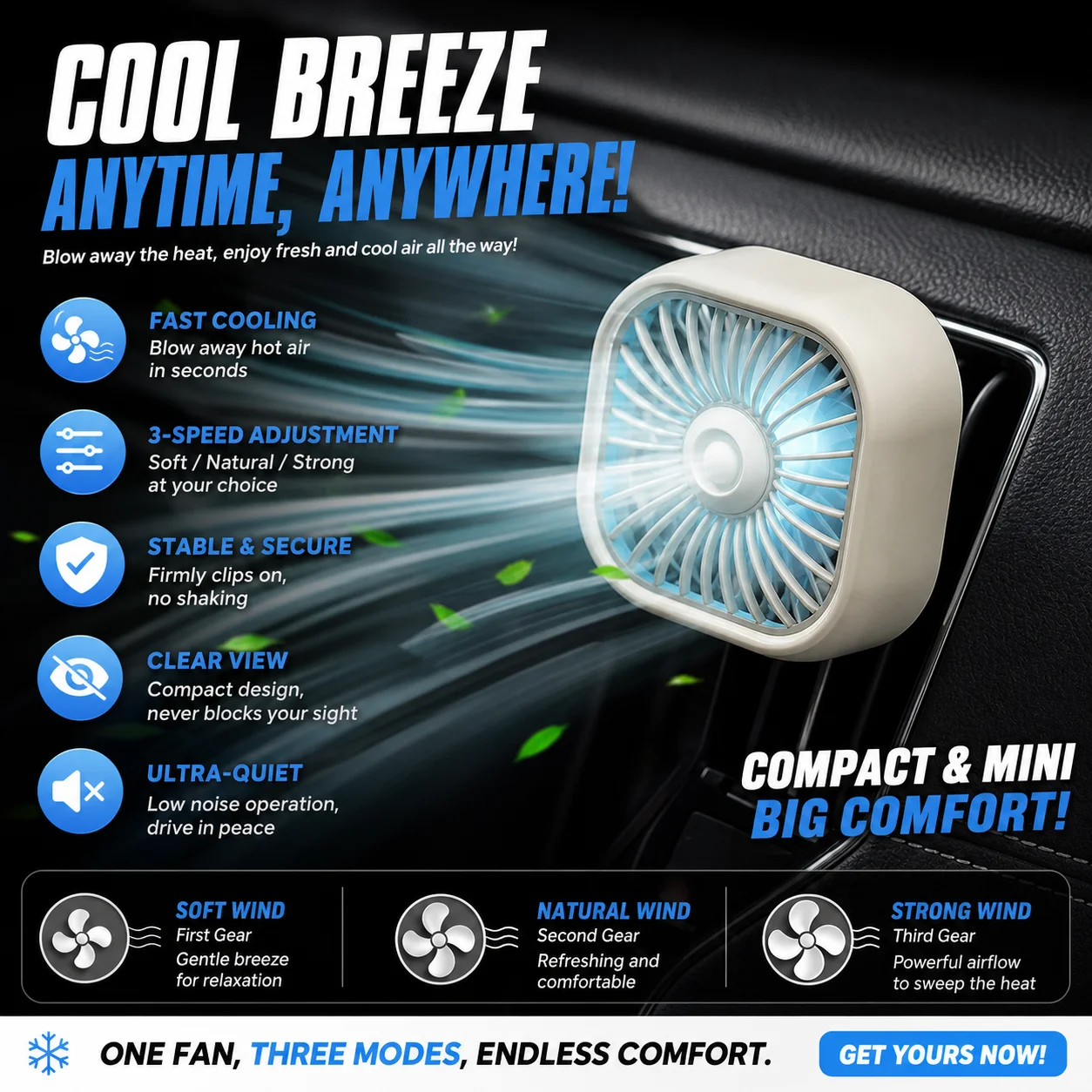 2026 New Upgrad Car Air Conditioner Fan Air Outlet Fan Three-Speed Adjustment Colorful Light Mini Usb Fan Car Cooler Multi