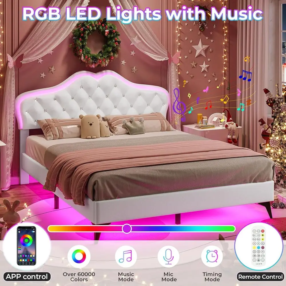Queen Size Upholstered Bed Frame with LED Lighting, Crystal Button Headboard, Girls' Princess Platform Bed, Solid Wood Slat Supp