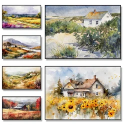Watercolor Farm Country Cottage Landscape Poster Canvas Painting Impressionism Farmhouse Wall Art Picture Living Room Home Decor
