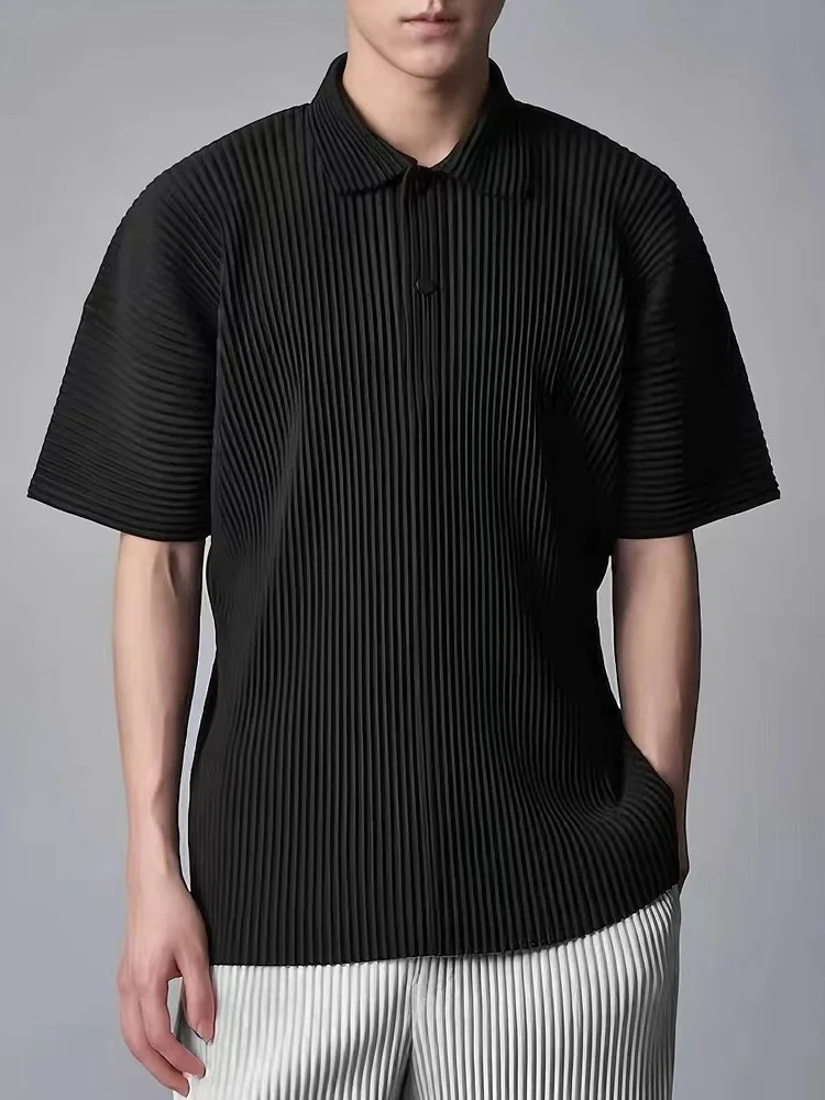 MIYAKE pleated short-sleeved V-neck button-down polo shirt t-shirt for men