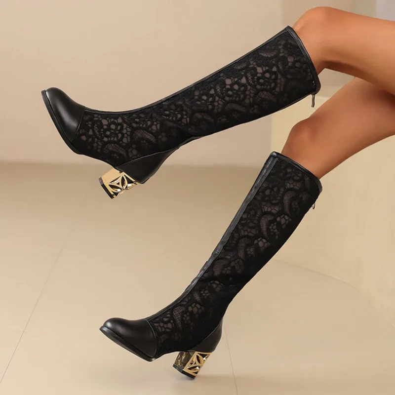 Vintage Hollow Embroider Mesh Surface Knee Length Women\'s Boot 5.5cm Thick Heel Fashion Women\'s Boot 34-47 Summer Cool Boots