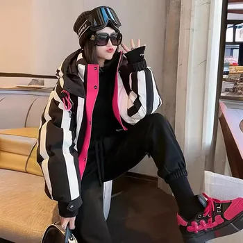 Modna, w paski, krótka kurtka puchowa z kapturem, damska biała kurtka z kaczego puchu, damska zimowa, luźna, krótka odzież wierzchnia Parker