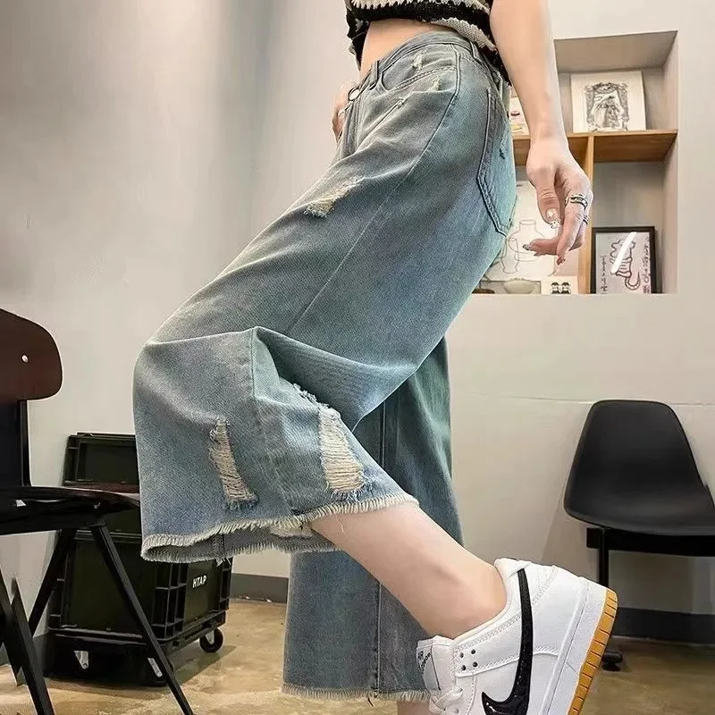 Damskie luźne spodnie jeansowe z szerokimi nogawkami na jesień 2025, damskie spodnie jeansowe o długości 7/8, sprane, z prostymi nogawkami, damskie spodnie kowbojskie z wysokim stanem.
