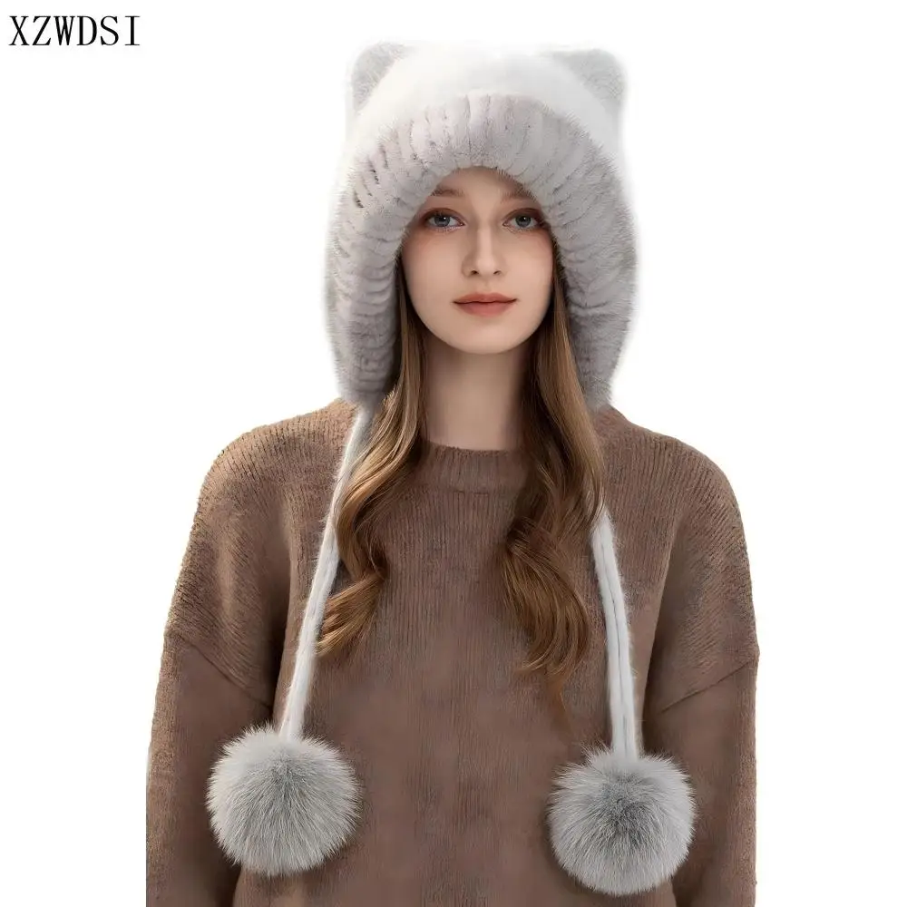 

Милая шерстяная вязаная шапка из норкового меха с кошачьими ушками и помпонами, теплые зимние шапки-ушанки для женщин