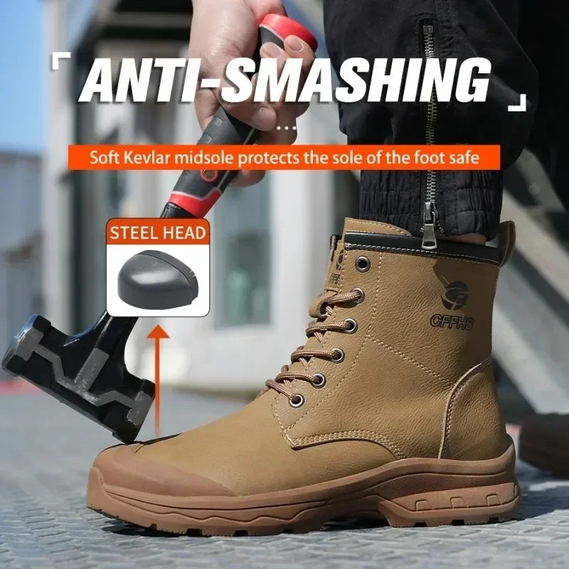 High End Microfiber Steel Toe Safety Boots Anti Smash Anti Puncture Kevlar Work Shoes Men Breathable Lightweight Durable