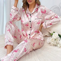 Dames Zijden Satijnen Pyjama Loungewear Tweedelige Nachtkleding Dames Lange Mouw Zachte Knoop-Down Pj Set Pjama