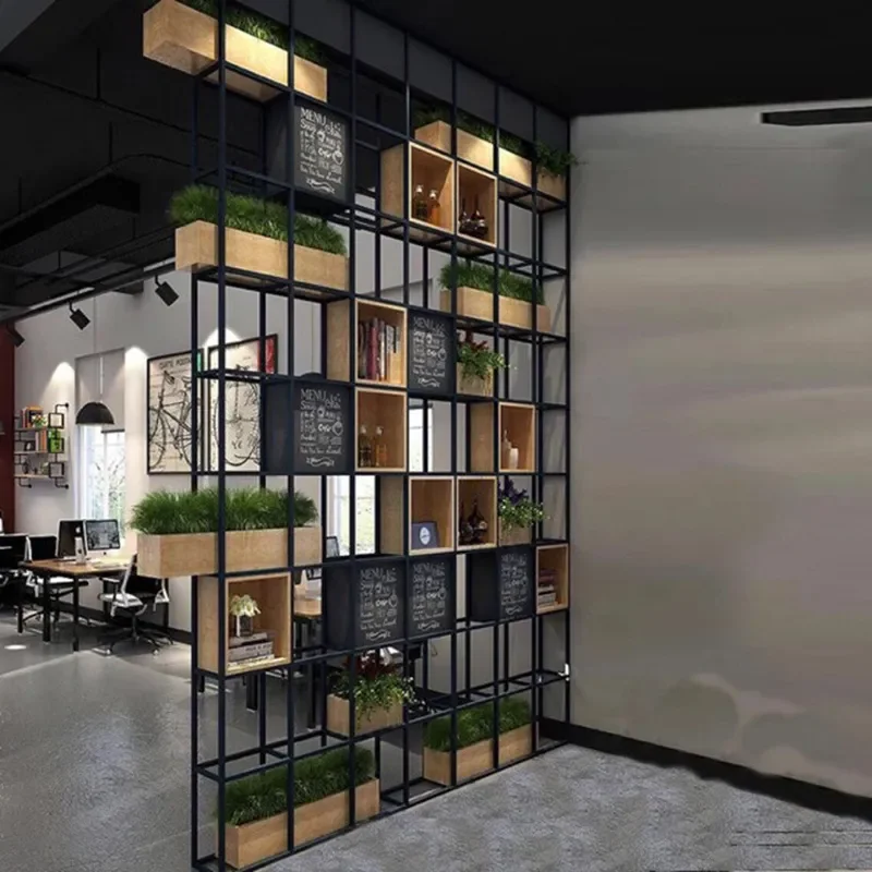 for Industrial Style Restaurant Partition Screen Shelf Wrought Iron Bookshelf Porch Rack American Loft Office Wrought Iron