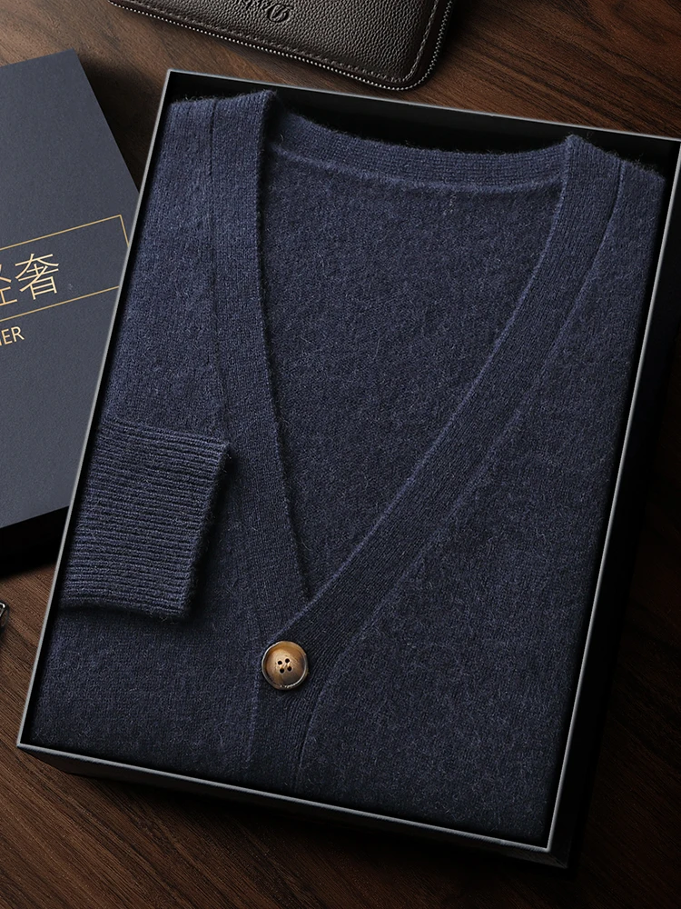 

7GG Thick Men's Cardigan V-Neck 100% Cashmere Knitted Button Casual Loose Basic Sweater Soft Warm Chic Solid Long Sleeve Tops