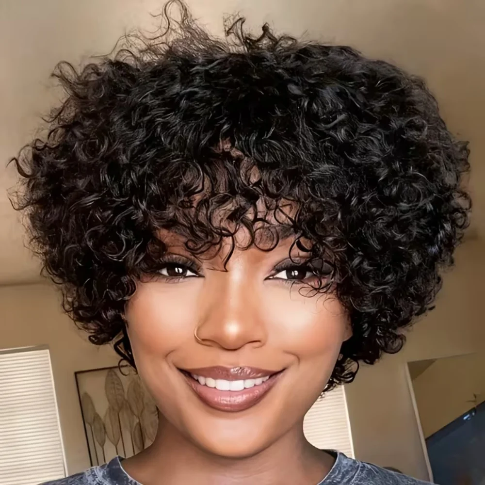 شعر مستعار أفرو قصير مجعد شعر بشري غريب مجعد موجة الباروكات للمرأة شعر مستعار آلة كاملة