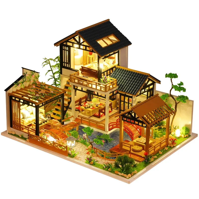 

OUZEY DIY Wooden Miniature Doll House Chinese Ancient Casa Building Kit with Furniture LED Light Girls Birthday Gift Idea