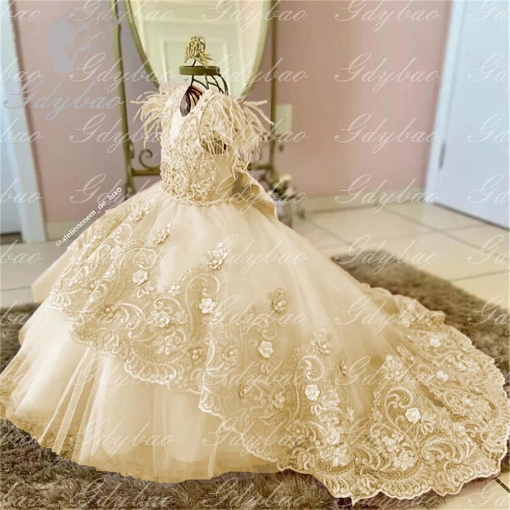 Vestido de flores lila con plumas para niña, apliques de boda, encaje hinchado con lazo, Princesa, desfile de belleza, vestidos de baile de primera comunión