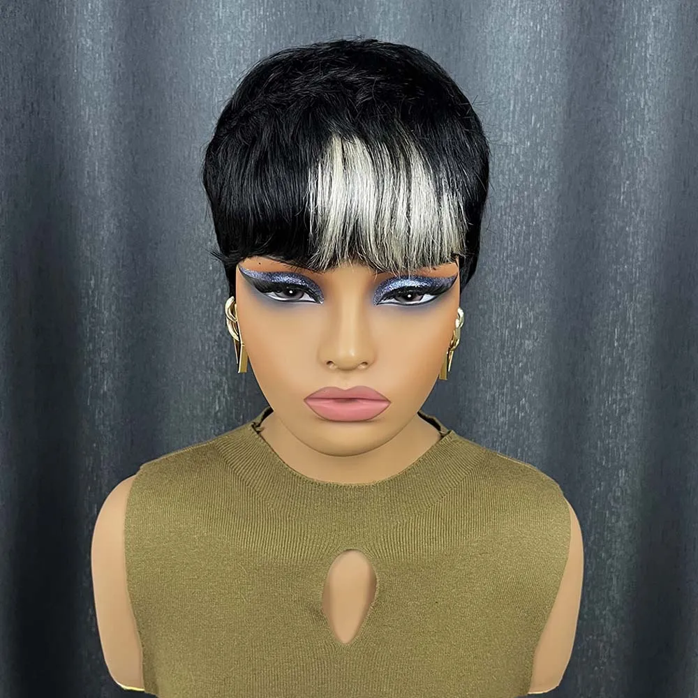Perucas curtas de corte pixie para mulheres negras, peruca de cabelo humano remy com franja, cor preta, feita à máquina, com franja colorida