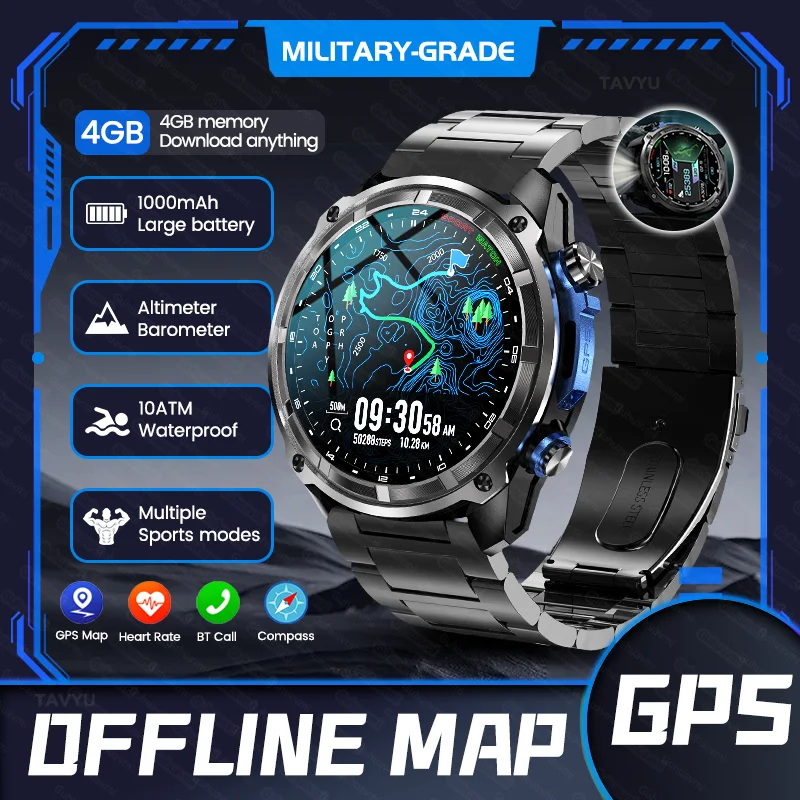 

New Military Grade Men 4GB Offline GPS Map Smart Watch 1000mAh Battery 10ATM Waterproof Bluetooth Call Outdoor Sports Smartwatch